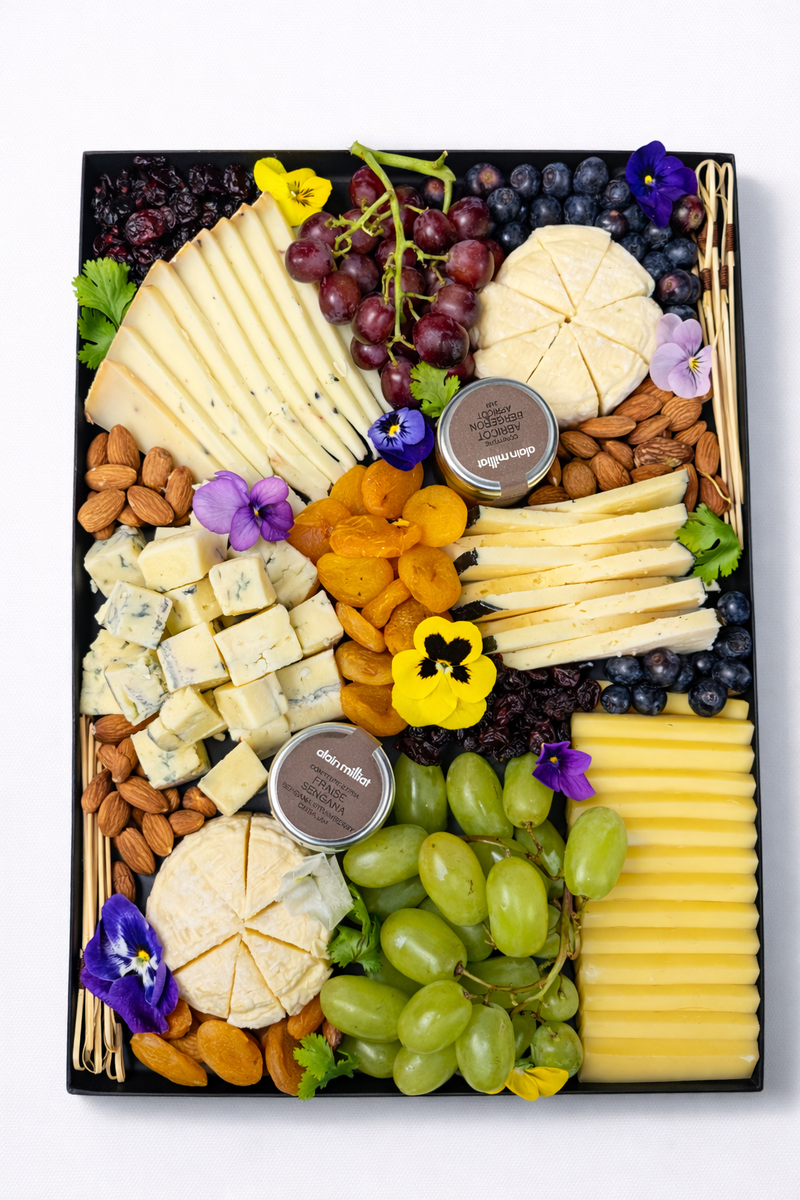 Platter of aged cheeses, fruits and Alain Milliat jams