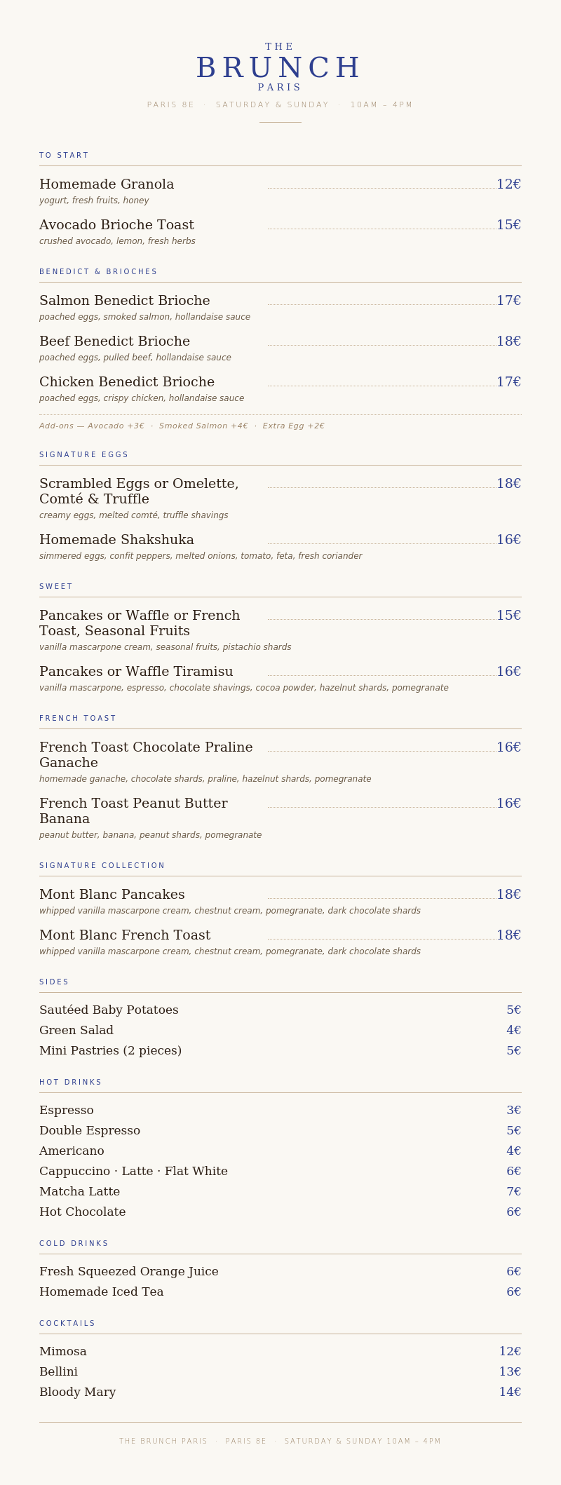 The Brunch Paris Menu